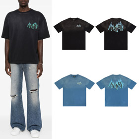 AMIRI rhinestone flame letter print washed short-sleeved T-shirt-5865  